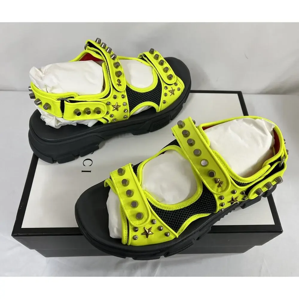 NIB Gucci Aguru Neon Yellow Floral/Star Detail Studded Sandal 11EU/12US $1150.00